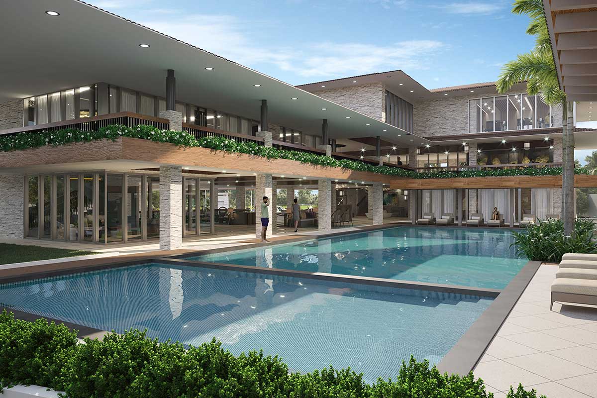 Sierra Valley Gardens clubhouse with outdoor swimming pool and loungers