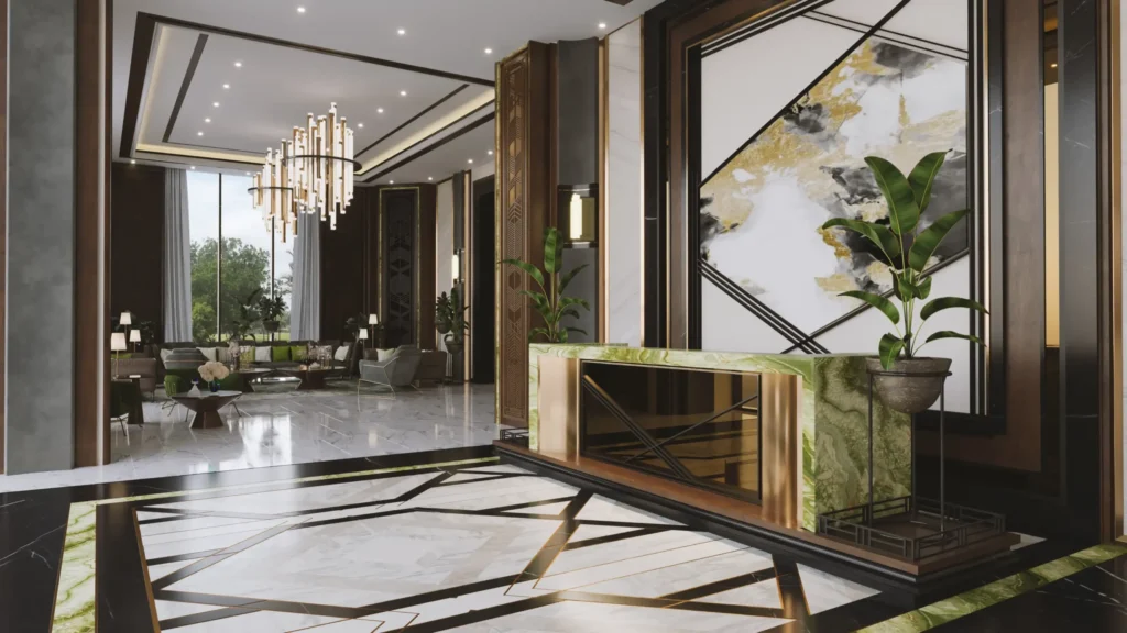 Luxurious modern lobby interior at Sync Residences with marble flooring and designer lighting