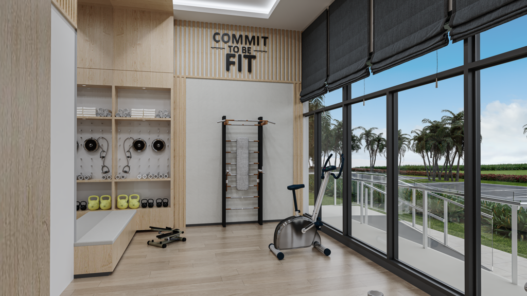 Well-equipped fitness center in Amisa Private Residence, featuring modern gym equipment and large windows offering picturesque views.