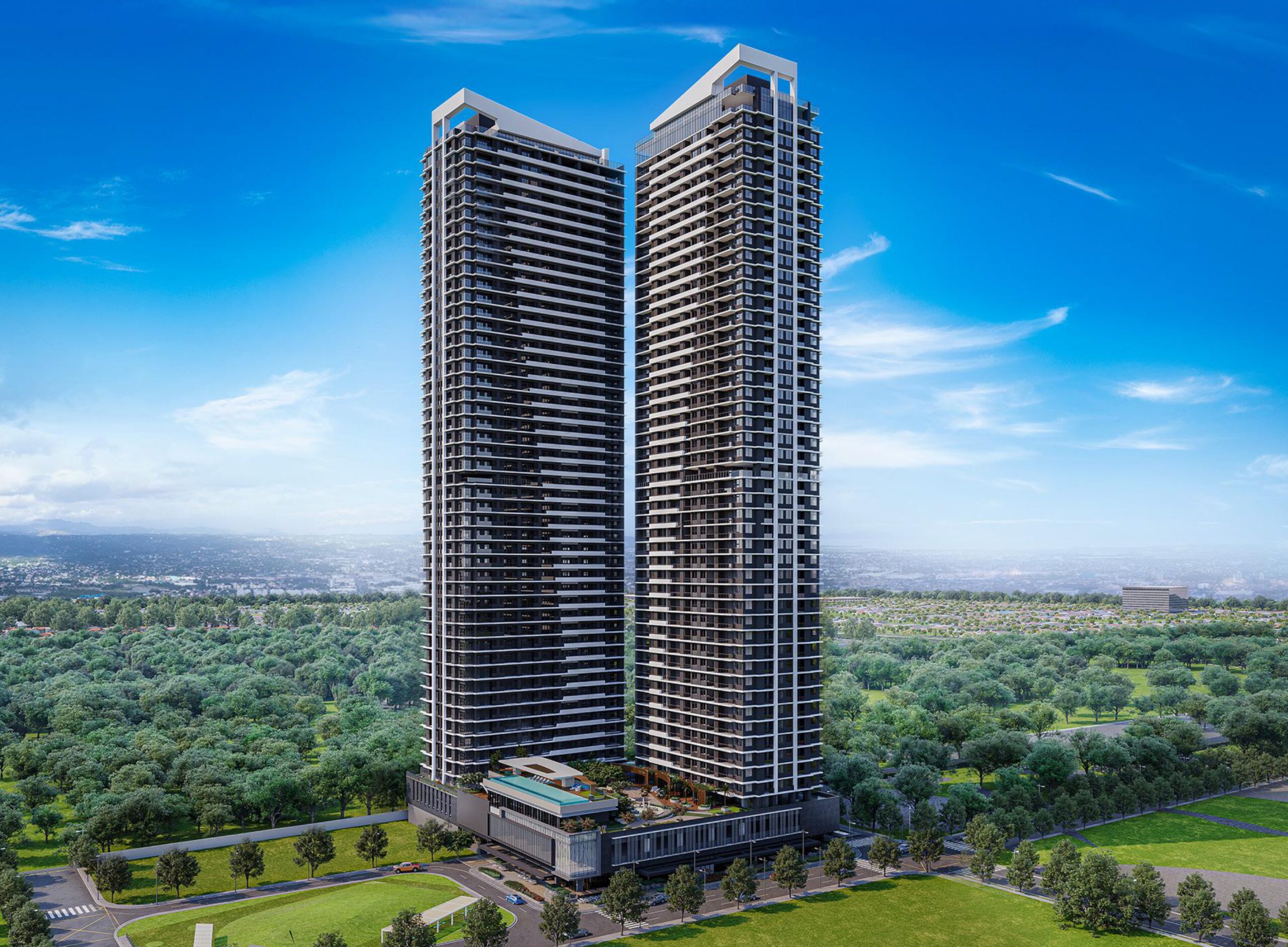 Twin-tower high-rise condominium of Le Pont Residences in Pasig City with skyline view