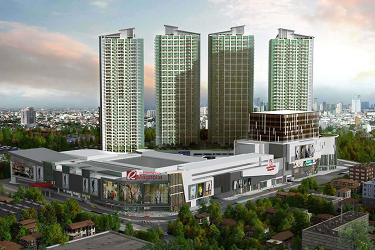 Aerial view of The Magnolia Residences towers beside Robinsons Magnolia Mall in Quezon City, Manila.