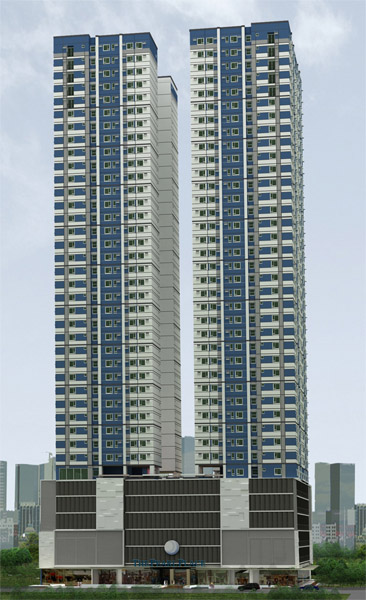 Full view of Pearl Place Residences twin towers featuring modern blue and white facade