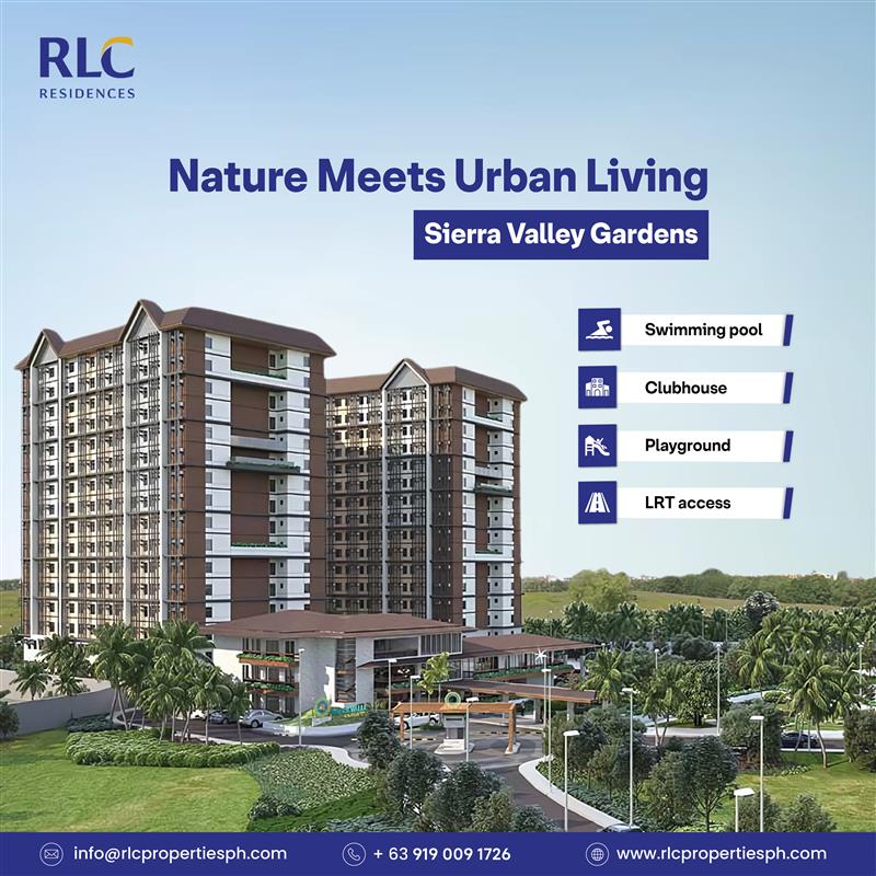 Sierra Valley Gardens in Rizal by Robinsons Land Corporation – Preselling mid-rise condo with pool, clubhouse, and green open spaces.