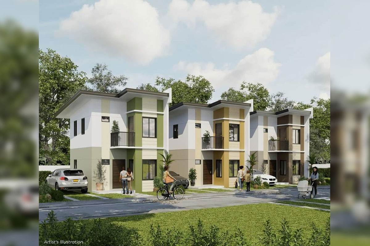 Row of modern two-story townhouses with parking and families outside