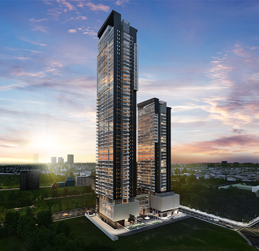 Sunset view of Westin Manila Residences' modern twin towers in Ortigas