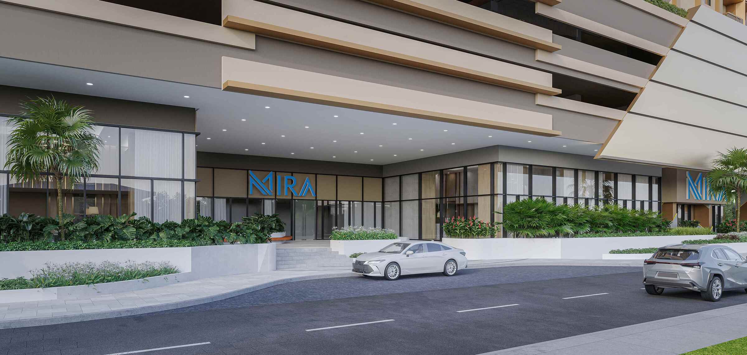 Elegant main entrance of MIRA Residences in Pasig City with landscaped surroundings
