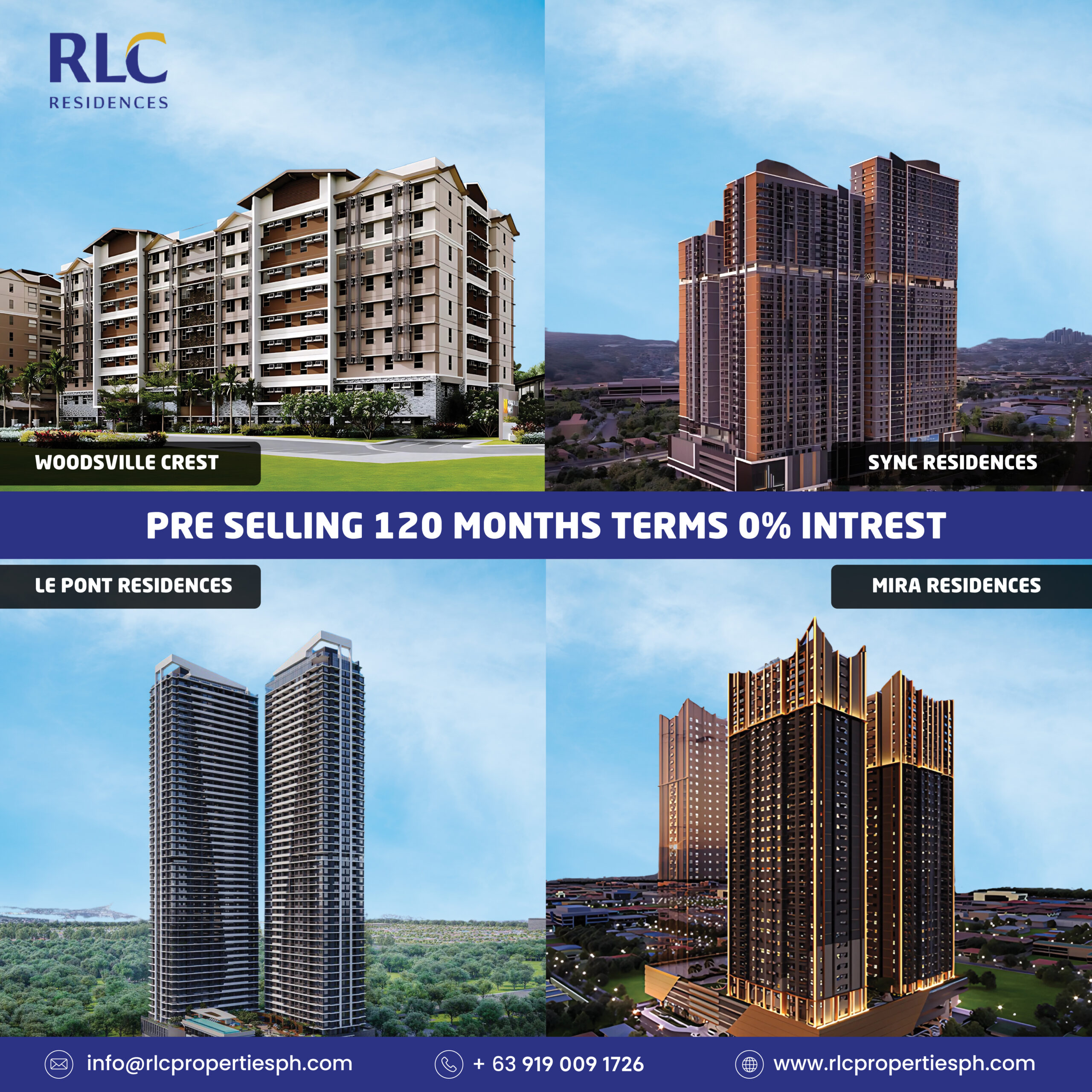 RLC Residences condos in the Philippines featuring Woodsville Crest, Sync Residences, Le Pont Residences, and Mira Residences with 0% interest for 120 months.