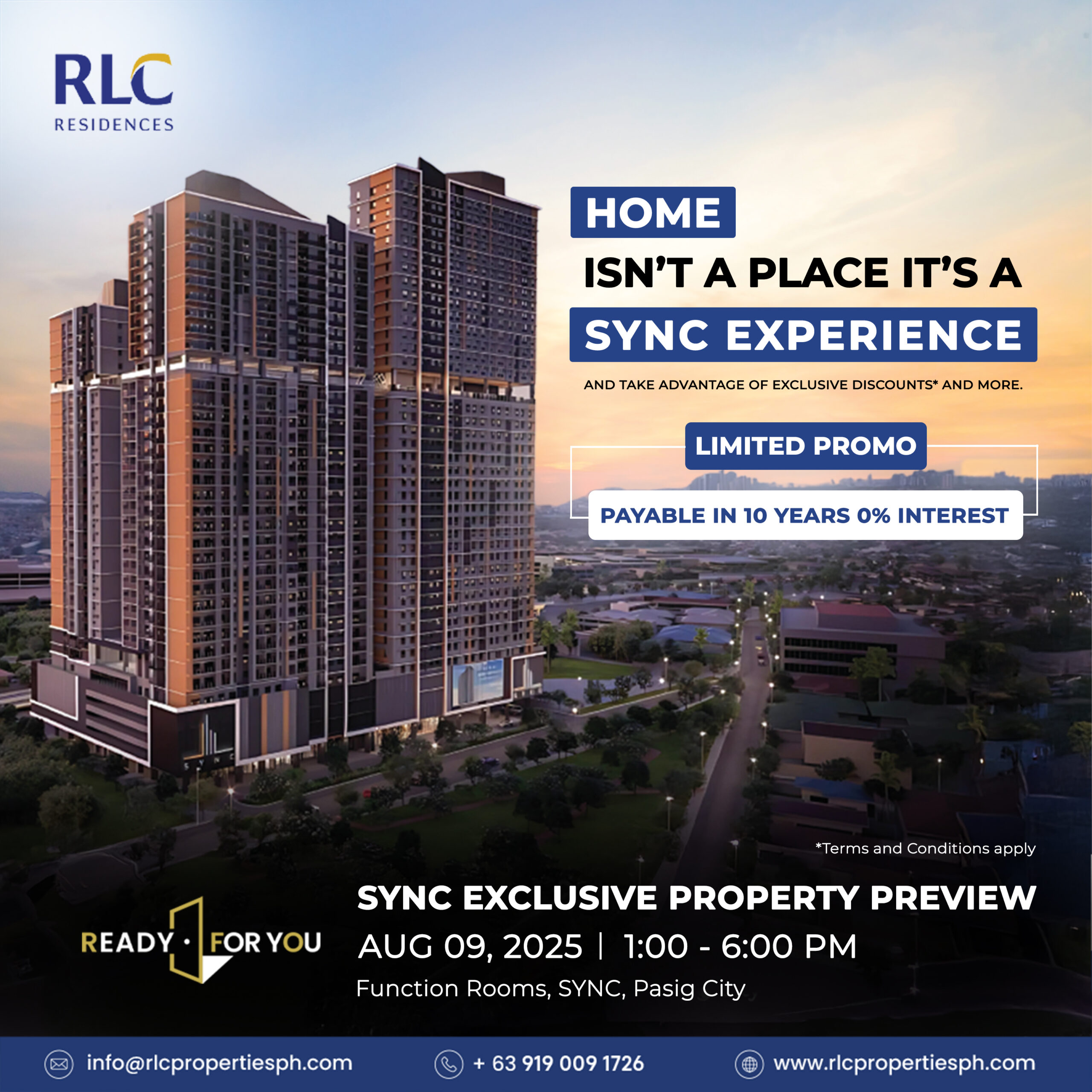 RLC Residences SYNC condo event in Pasig City with limited-time 10-year 0% interest promo for property buyers.