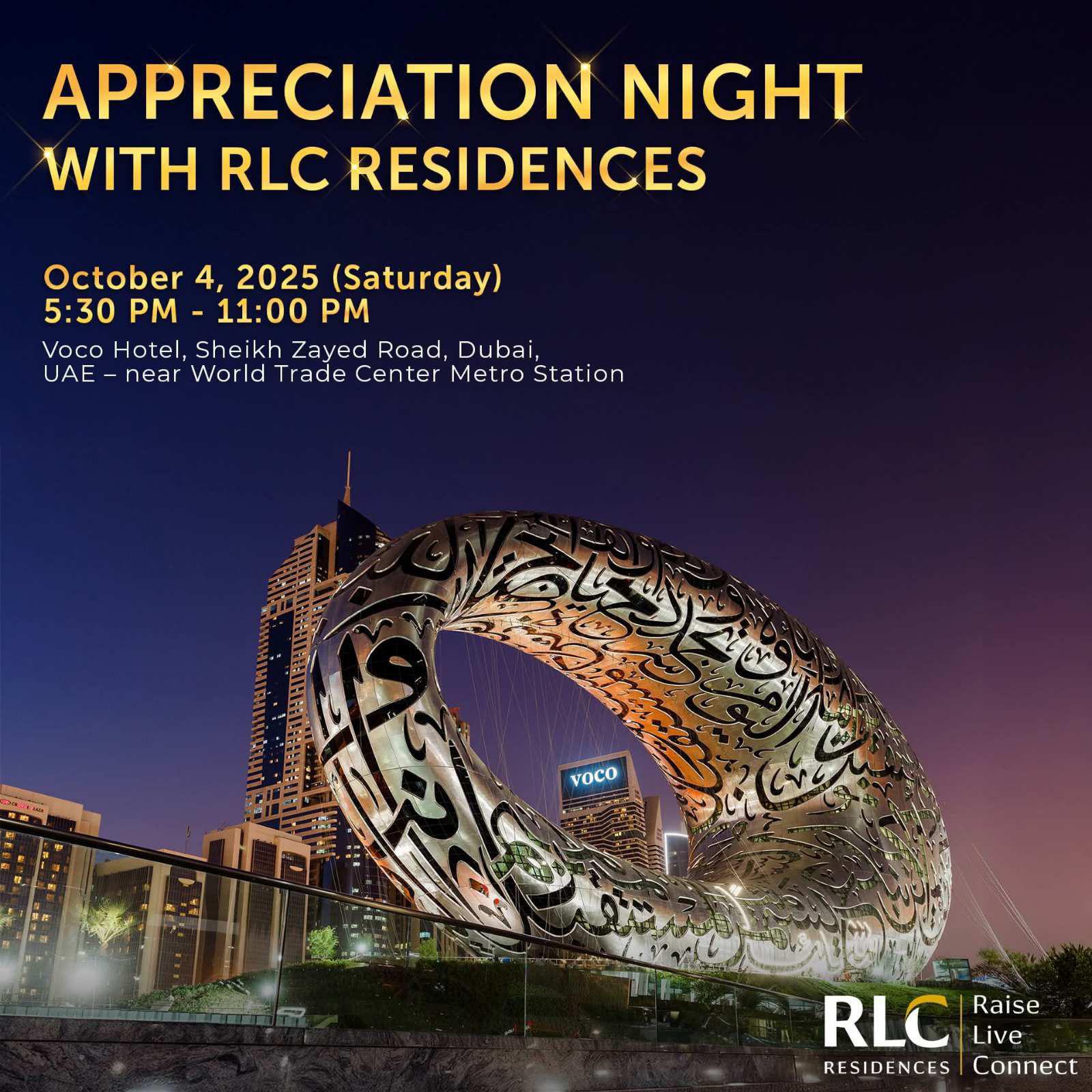 RLC Residences Appreciation Night 2025 in Dubai at Voco Hotel near World Trade Center Metro Station on October 4, 2025